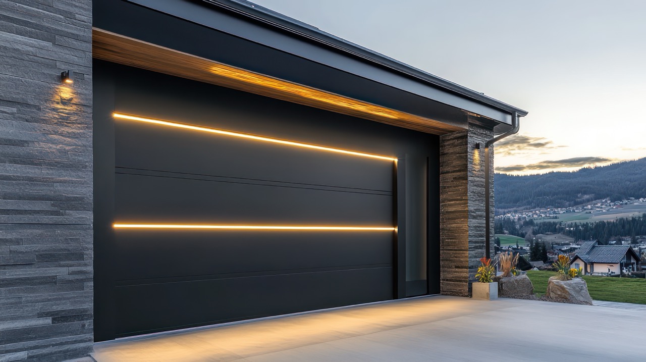 home-features-garage-door-that-opens-terrace Large Minimalist charcoal black garage door with integrated horizontal LED light strips