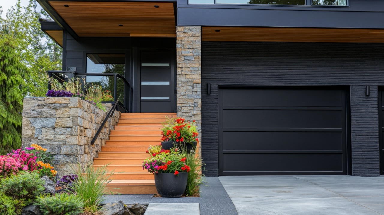 A sleek modern home features a black garage door and inviting wooden stairs, flanked by vibrant flower pots and complemented by a stylish stone wall
